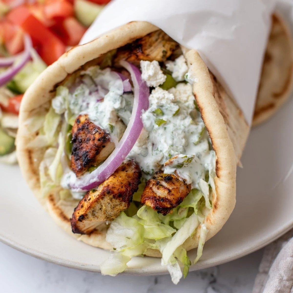 Picture sizzling Greek Chicken Souvlaki Wraps, promising a flavorful bite of tender chicken and cool tzatziki.