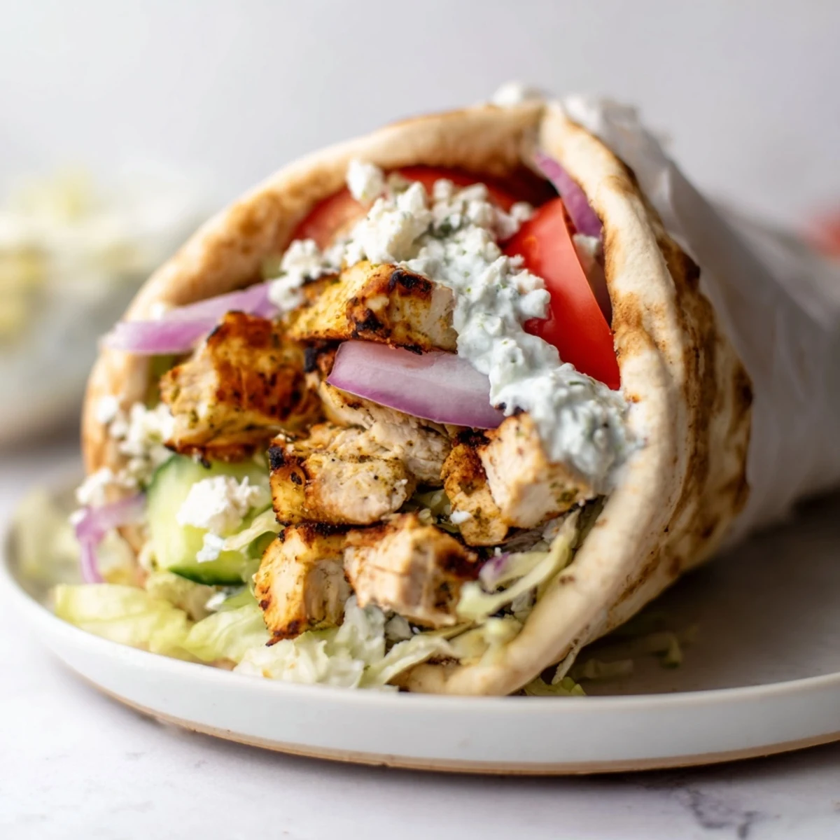 Get ready for these delicious Greek Chicken Souvlaki Wraps: a warm pita packed with seasoned chicken and fresh fillings.