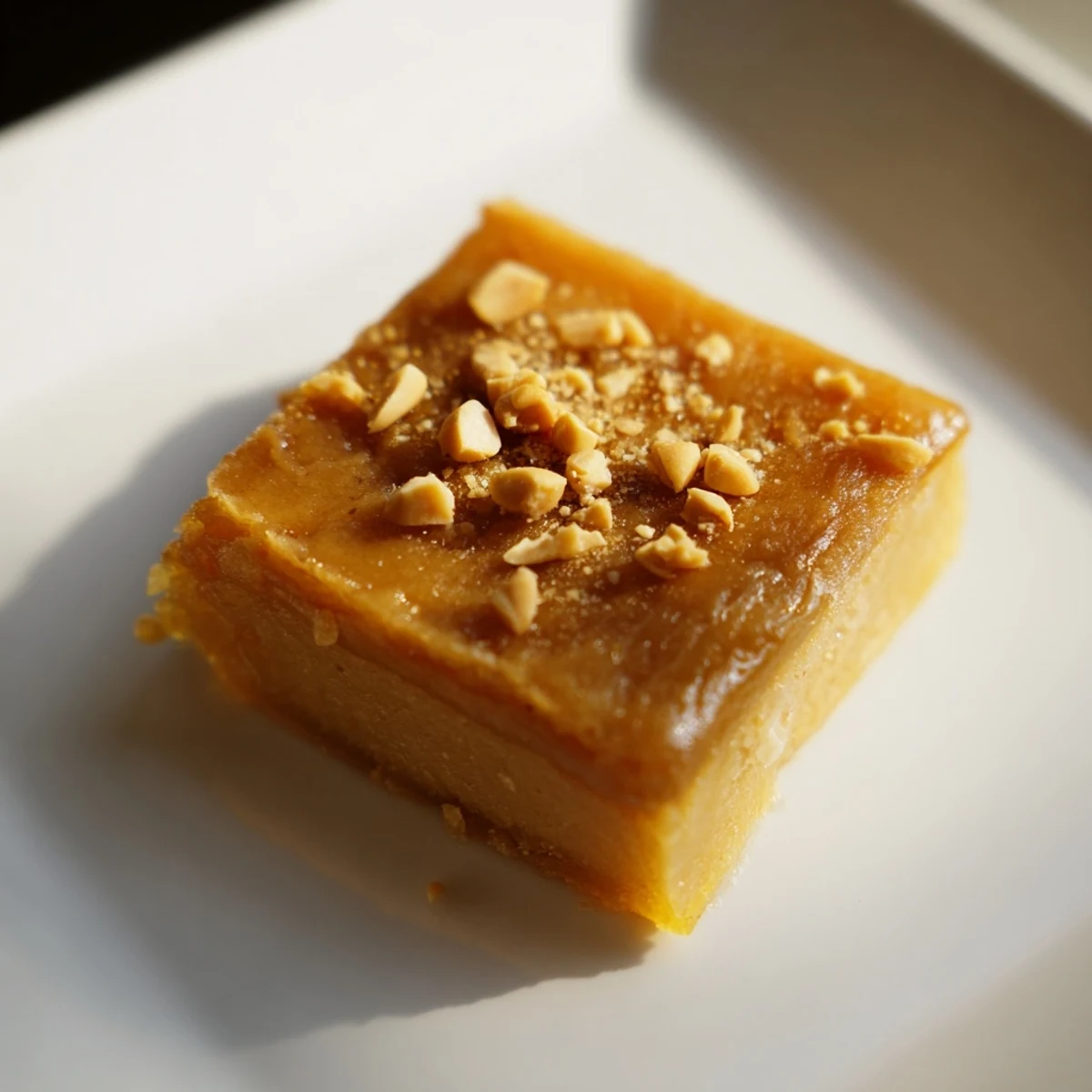 A close-up shot of square Peanut Butter Mochi Cake slices, highlighting their soft texture.