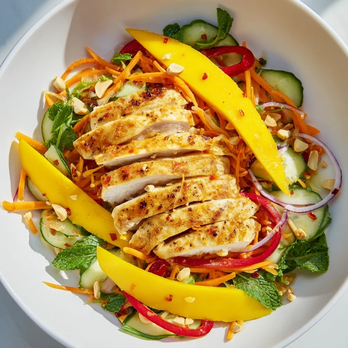 Vibrant Thai Mango Chicken Salad with glistening mango slices and tender grilled chicken.