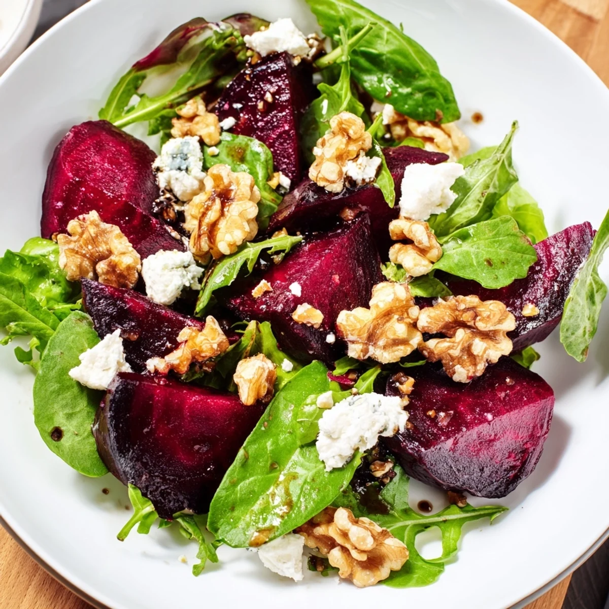 Vibrant beet and goat cheese salad, showcasing colorful roasted beets and creamy goat cheese crumbles.