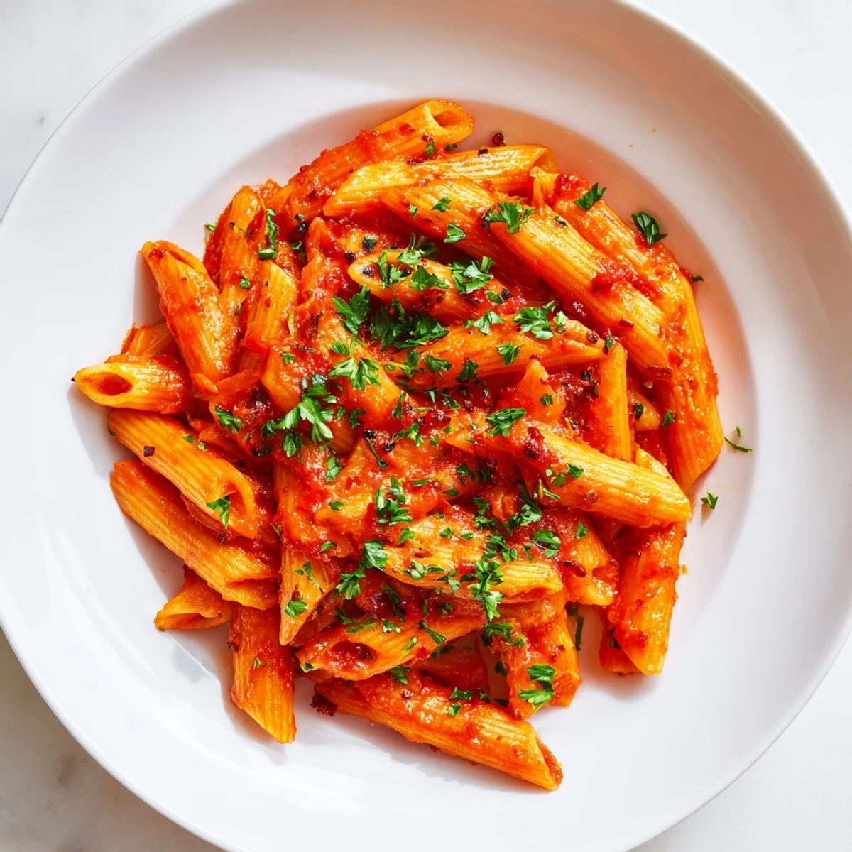 A hearty, fiery portion of penne all'arrabbiata with visible chili flakes – perfect for a vegan Italian meal.