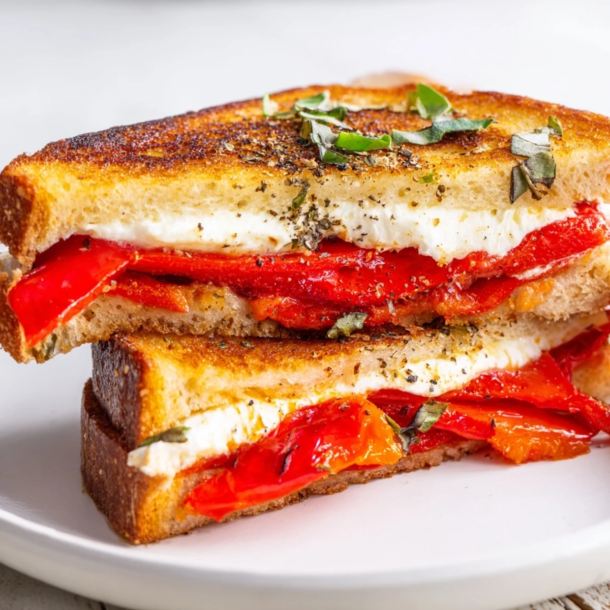 Golden, crispy Roasted Red Pepper Grilled Cheese, oozing melted cheese and colorful red pepper slices.
