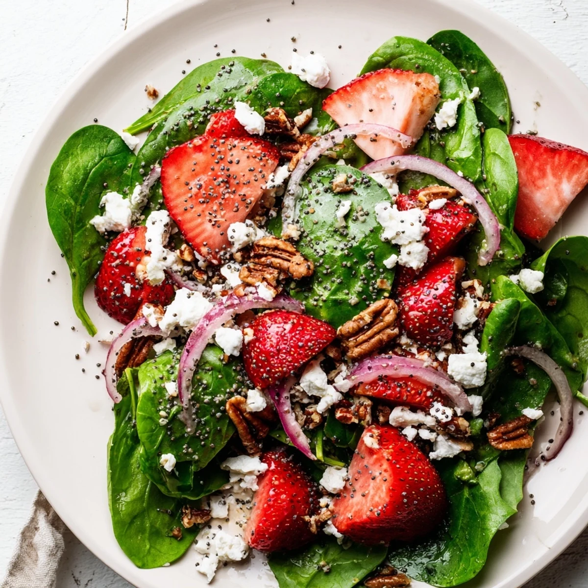 Fresh spinach strawberry salad bursting with color, topped with pecans, ready to enjoy.