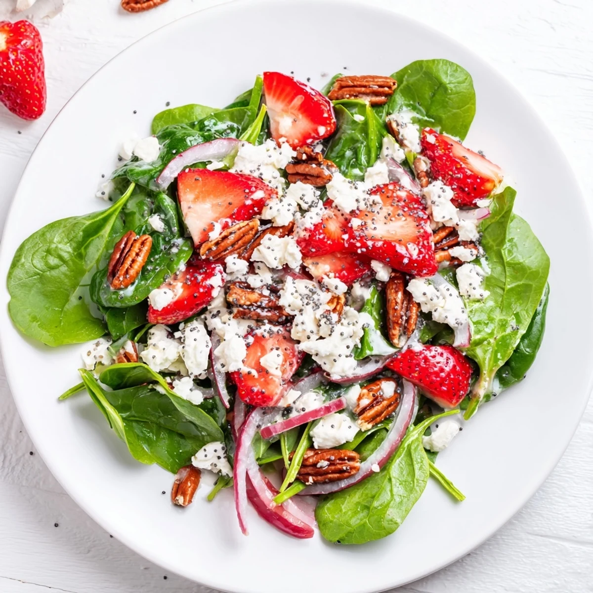 Bright image of a spinach strawberry salad featuring juicy strawberries and feta, drizzled with dressing.