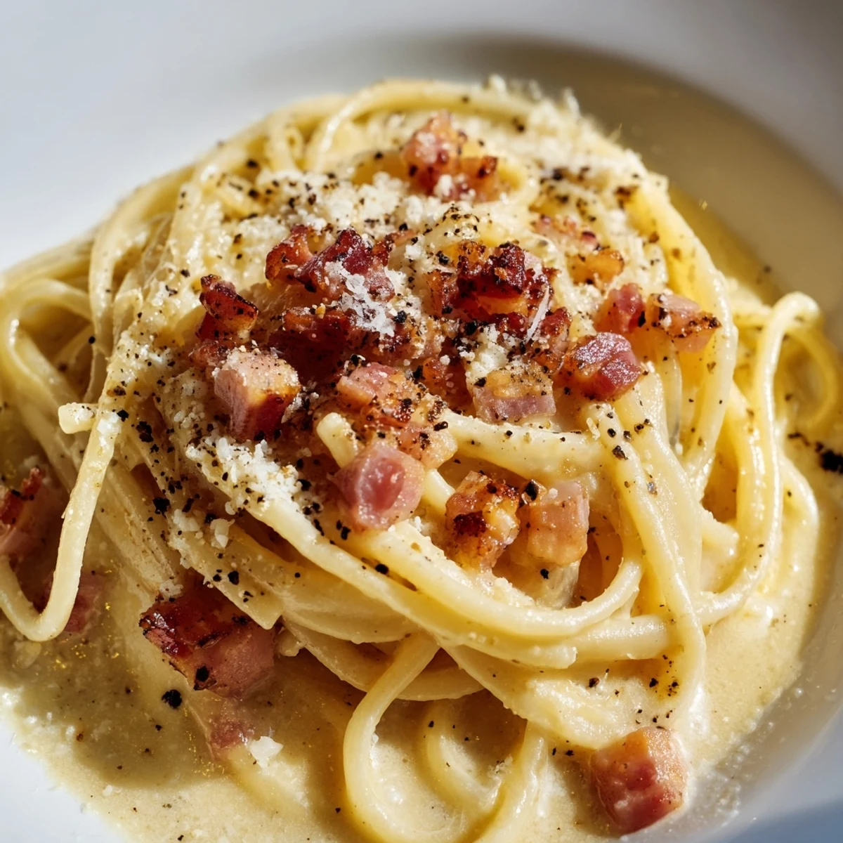 Golden, crispy bacon bits topping a steaming bowl of Express Spaghetti Carbonara, ready to eat.