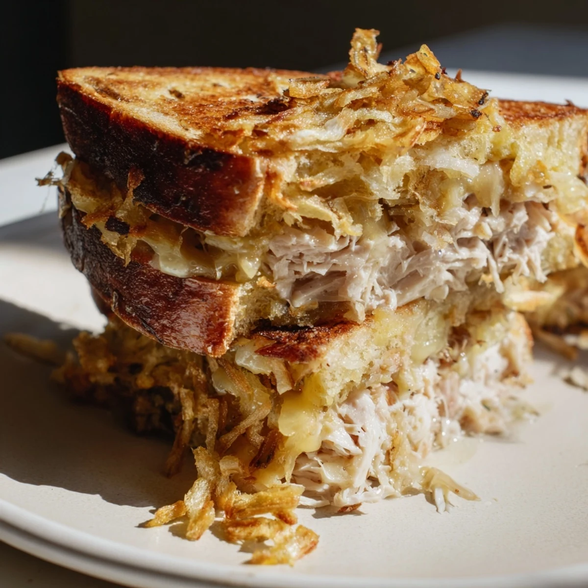 Close-up of a perfectly grilled Crispy Shallot Chicken Grilled Cheese, featuring golden bread and oozing cheese.