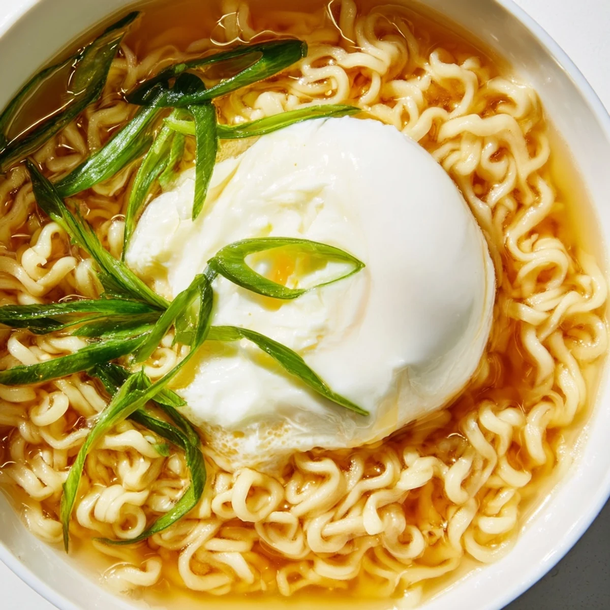 Steaming bowl of upgraded instant ramen with a perfectly cooked egg yolk and fresh scallions on top.
