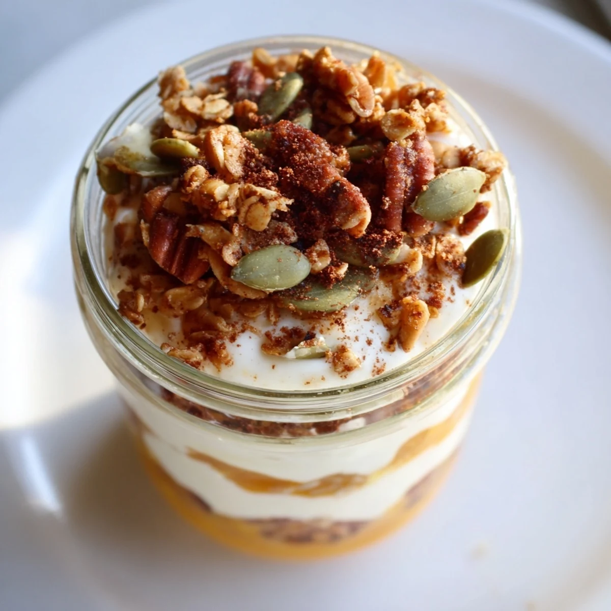 Vibrant layers of pumpkin yogurt parfait with crunchy granola, perfect for a quick snack.
