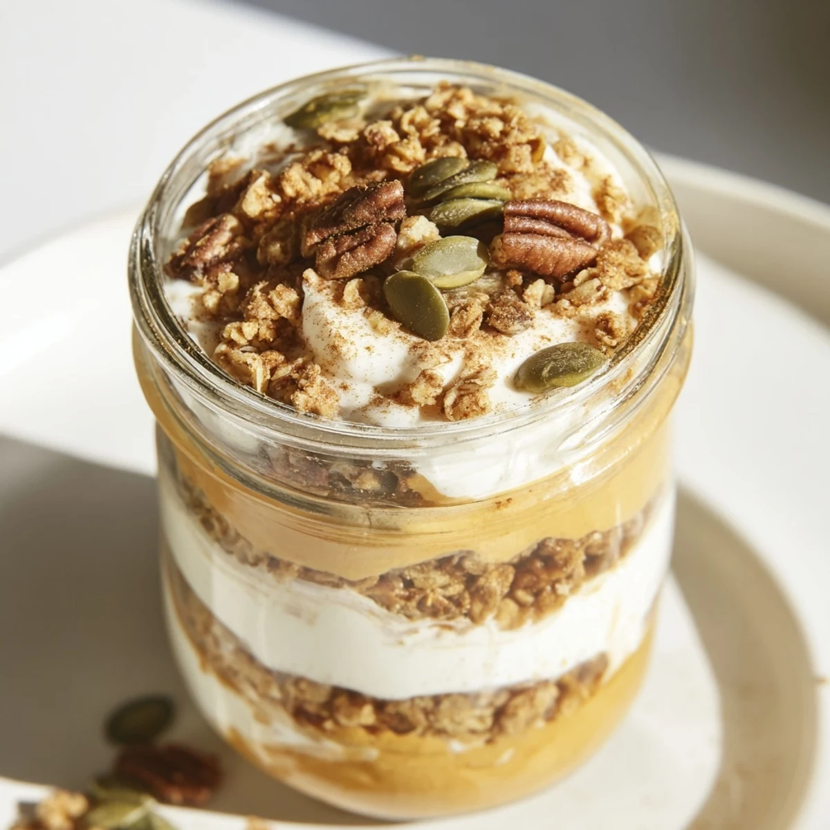 A close-up shot of pumpkin yogurt parfait, swirled with spice, and ready to enjoy.
