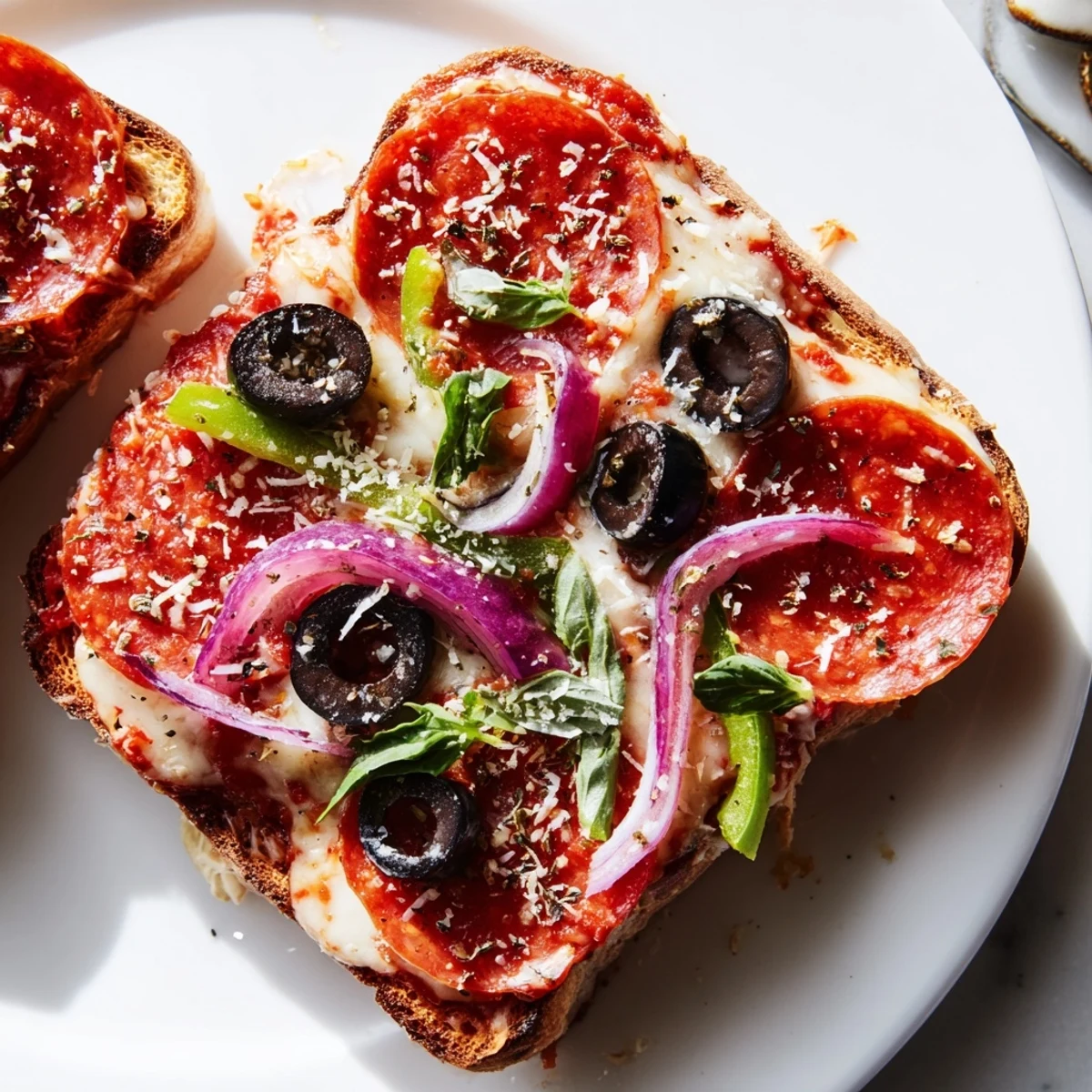 Golden, bubbly broiled Pizza Toast 2.0 with melted cheese and fresh basil garnish, ready to eat.