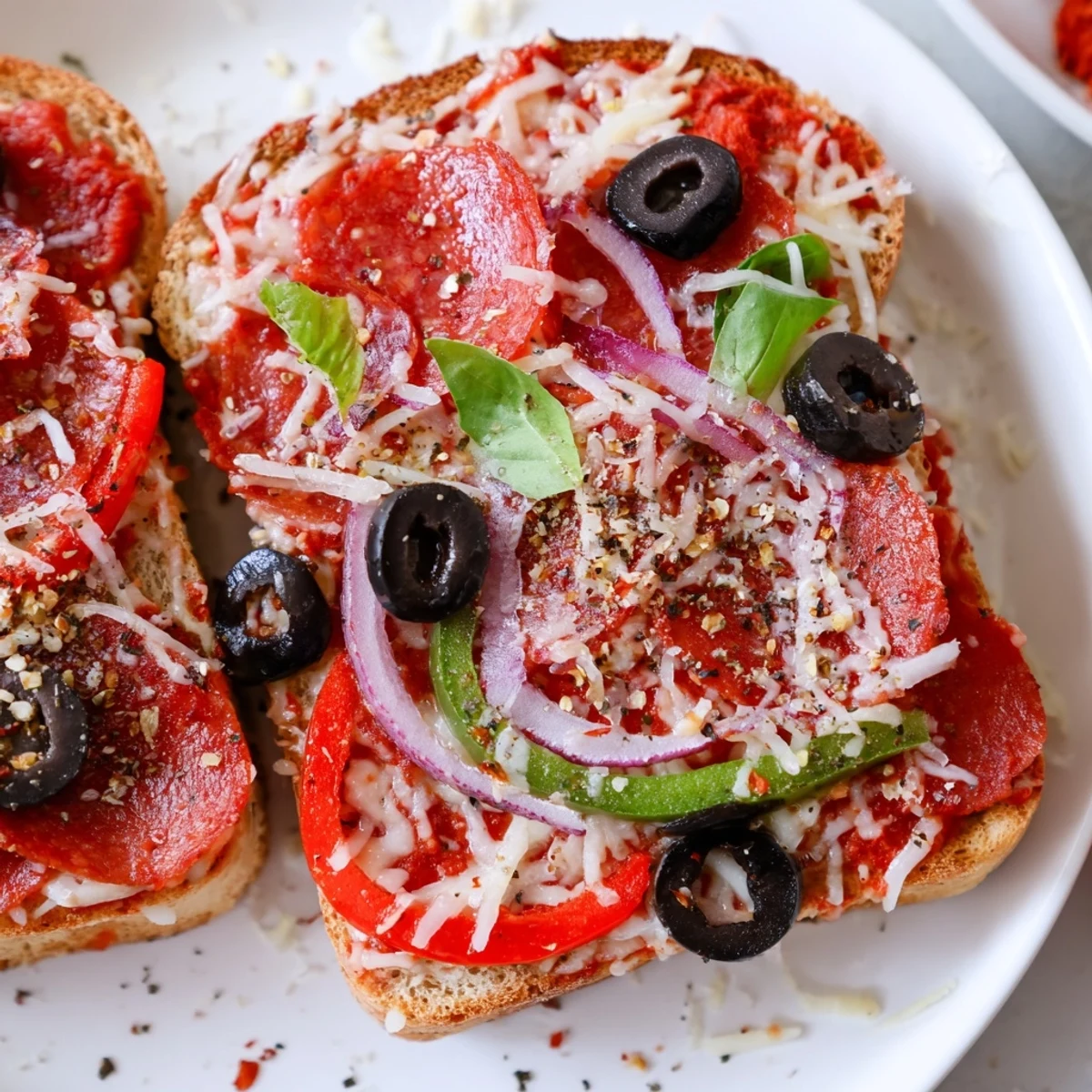 A close-up shot of delicious Pizza Toast 2.0: oozing cheese, pepperoni, and perfectly toasted bread.