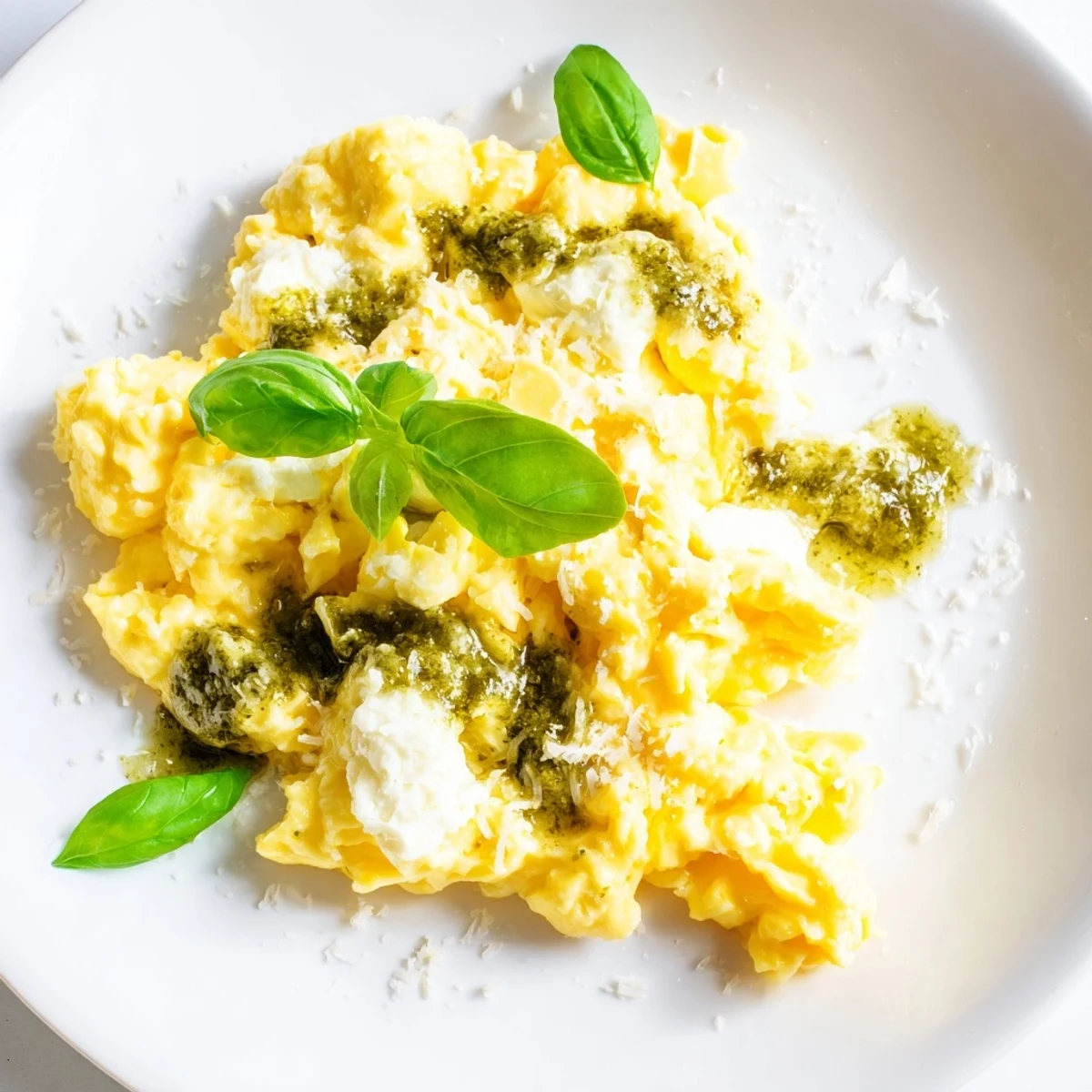Fluffy, vibrant Pesto Cottage Cheese Eggs, a delightful vegetarian breakfast with fresh basil and cottage cheese.