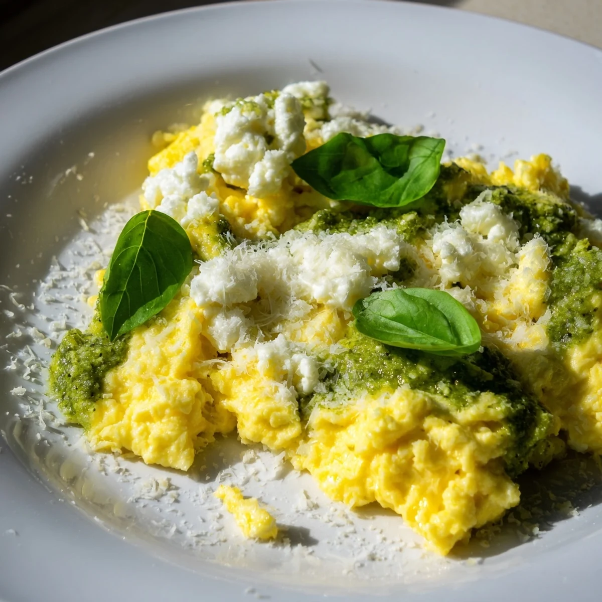 Savory Pesto Cottage Cheese Eggs, a healthy and easy breakfast topped with fresh basil and served with simple toast.
