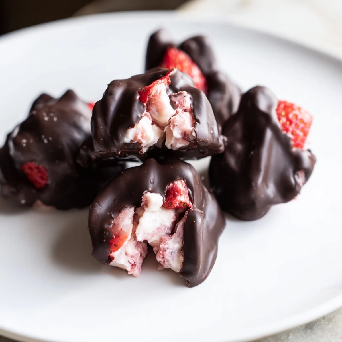 Vibrant, glossy Strawberry Yogurt Clusters with melted chocolate dripping, a perfect cold dessert.