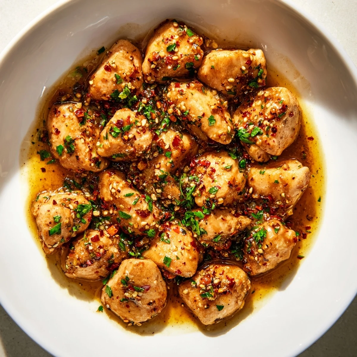 Golden, seared garlic butter chicken bites glistening, tempting your taste with their savory flavor.