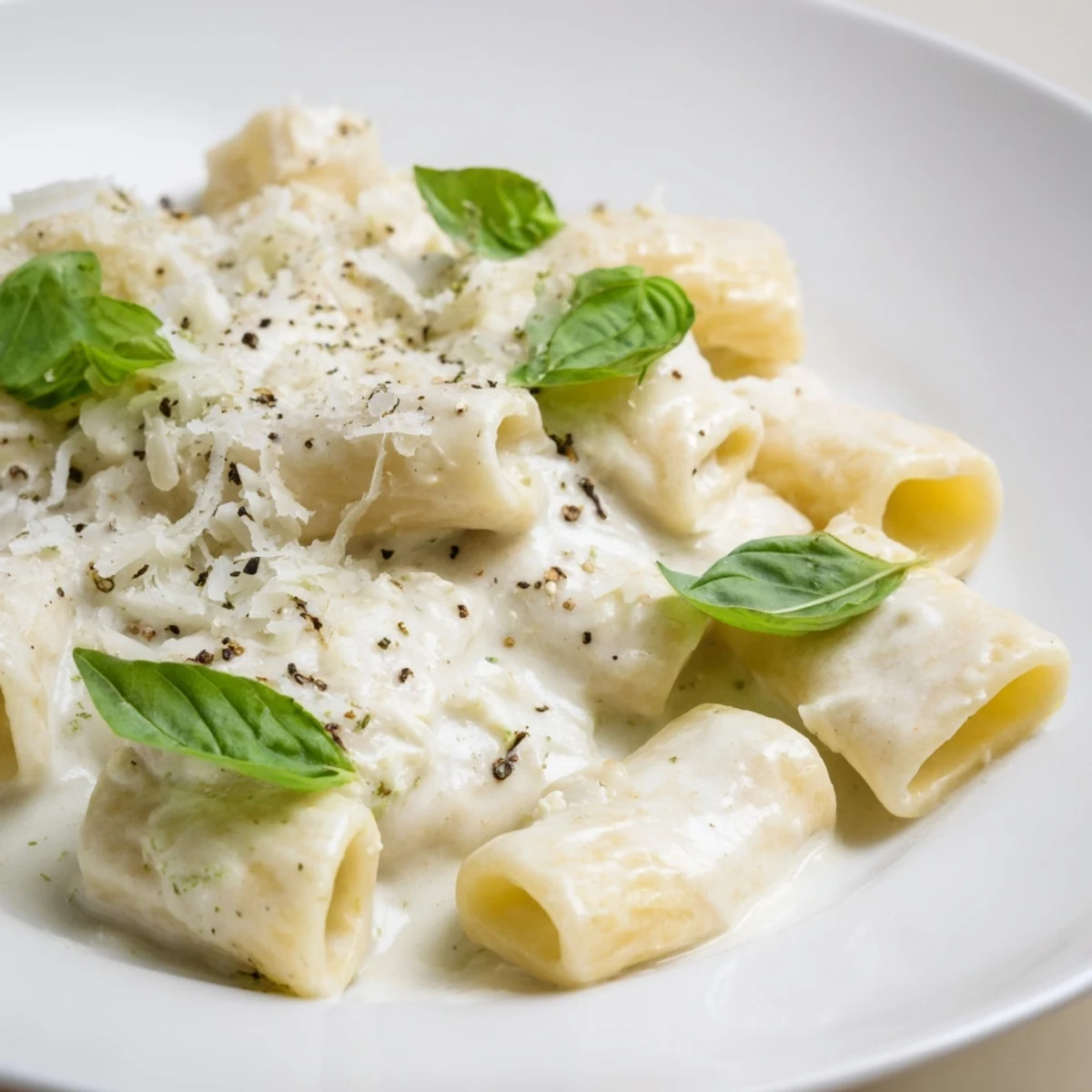 Creamy cottage cheese pasta, a comforting bowl of pasta coated in a smooth, vibrant white sauce.