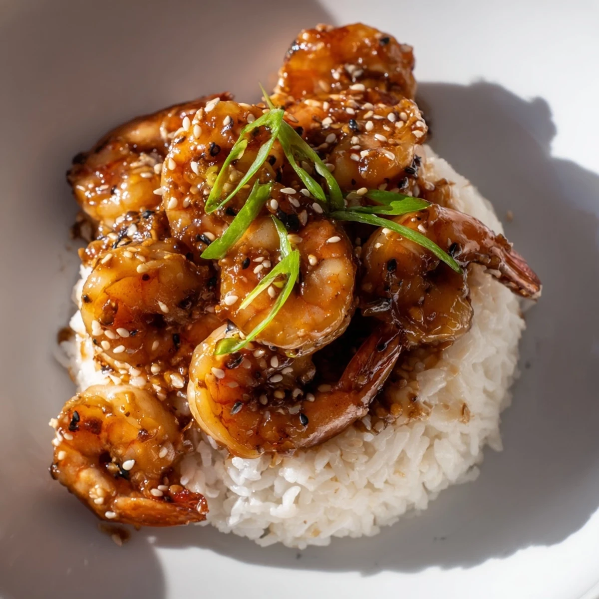 Golden Honey Garlic Shrimp served over fluffy white rice, ready to eat for dinner.
