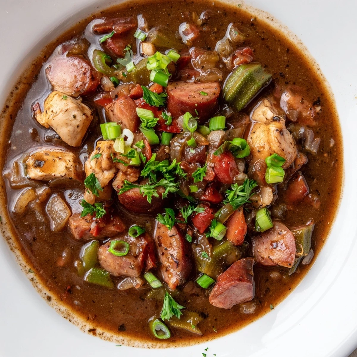 Steaming bowl of Gumbo Okra Soup with tender chicken and sausage; a rich, dark broth.
