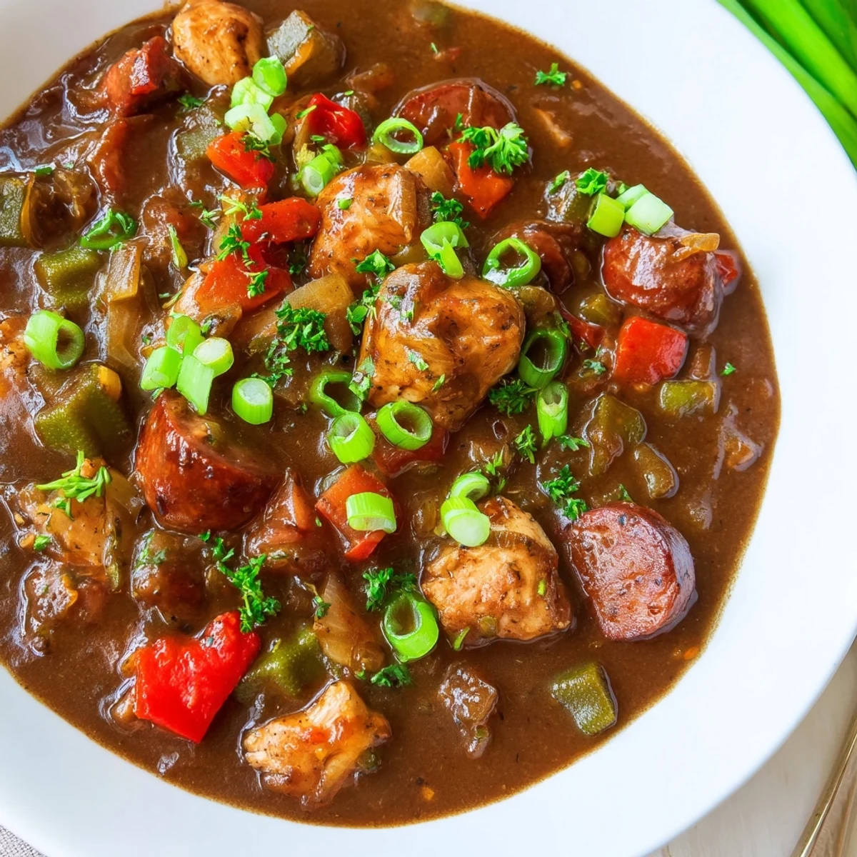 Serving a generous portion of Louisiana Gumbo Okra Soup over fluffy white rice, ready to enjoy.