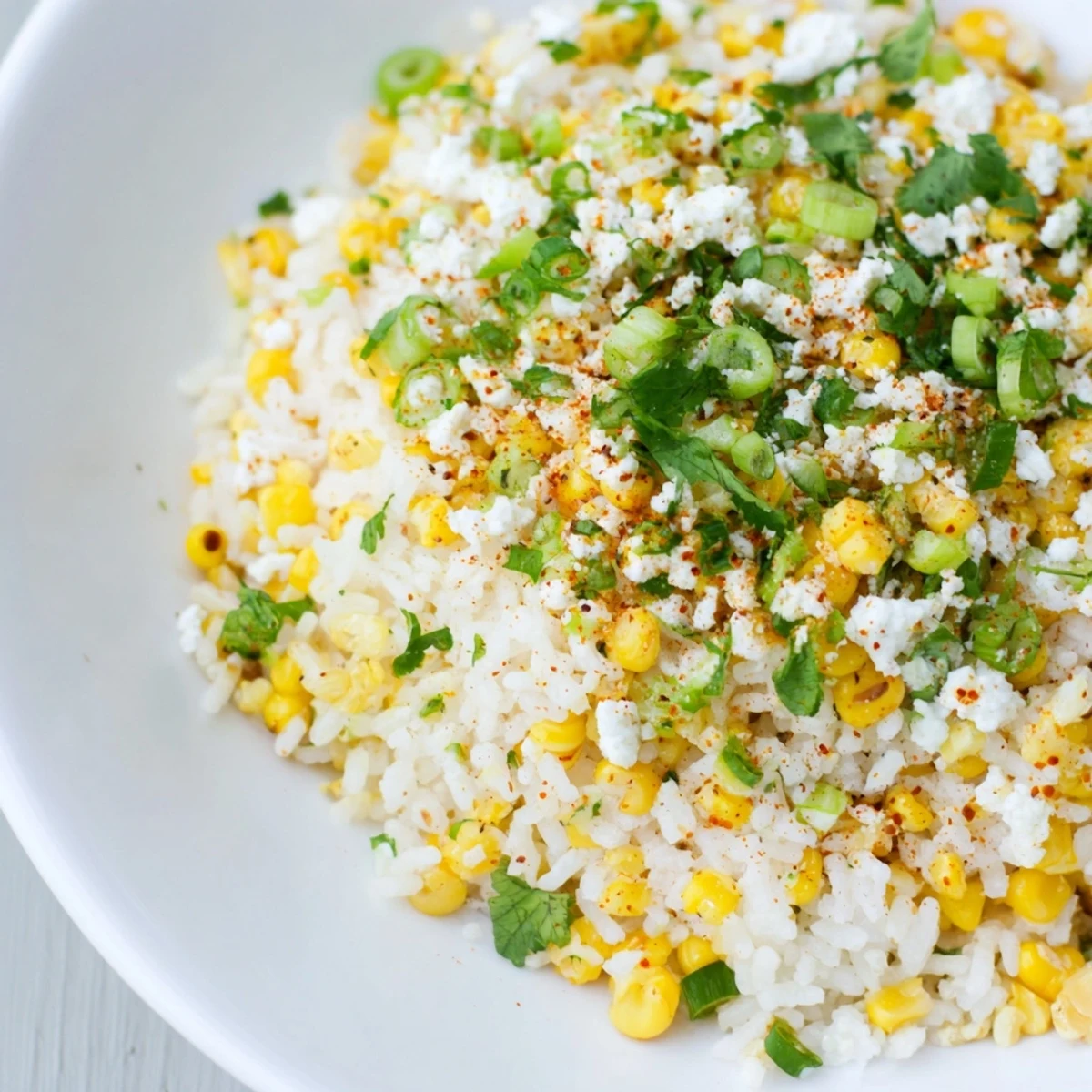 Fluffy Mexican Street Corn Rice, garnished with fresh cilantro and creamy cotija cheese, ready to be served.