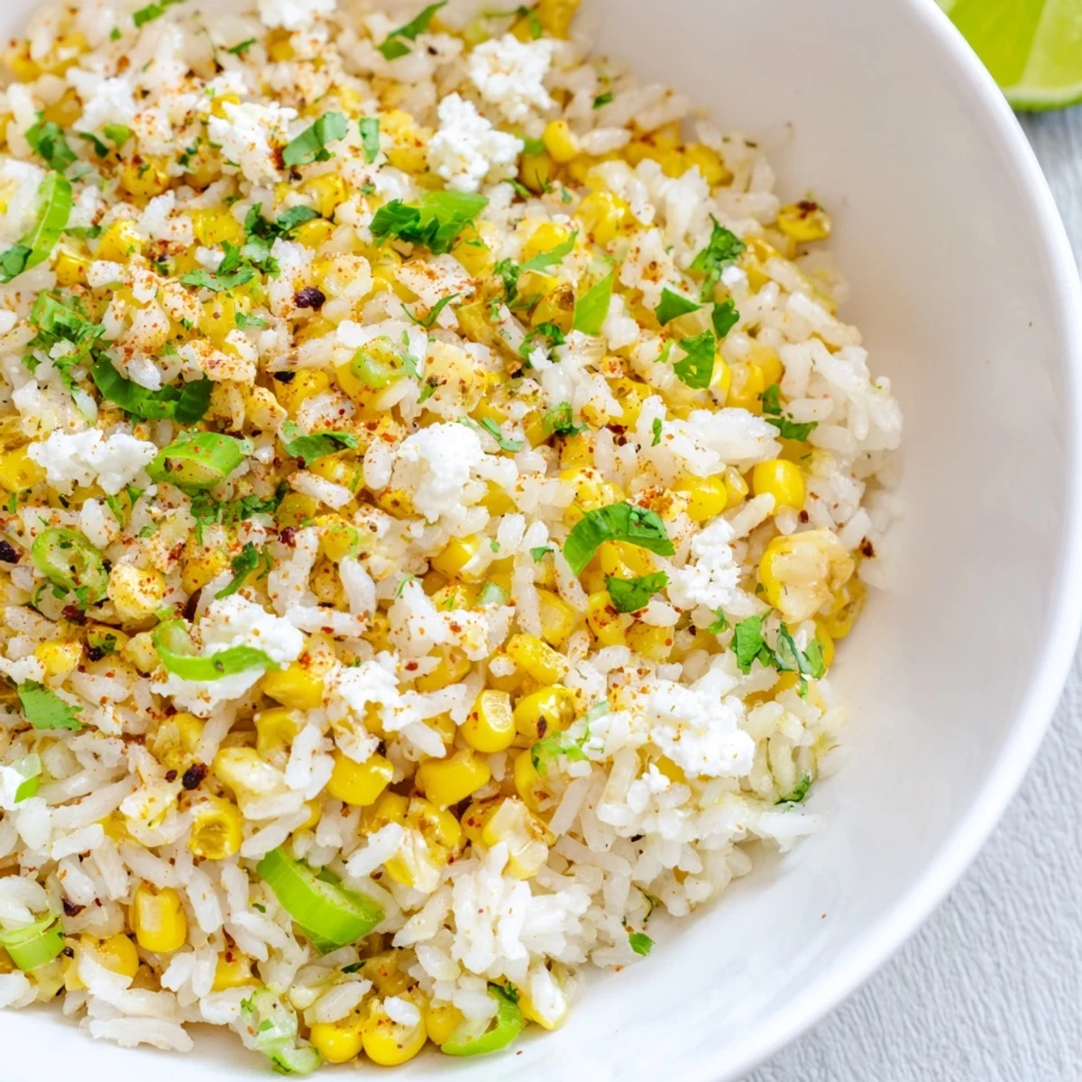 A bowl of delicious Mexican Street Corn Rice, a flavorful vegetarian side dish perfect for any meal.