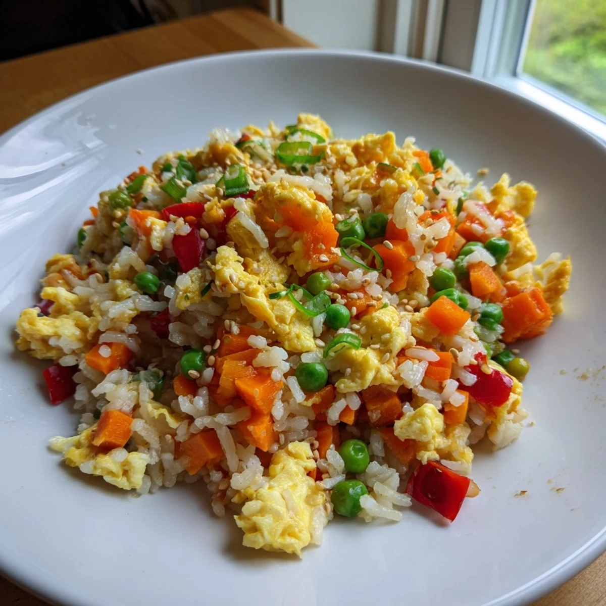 Golden, fluffy egg fried rice, showcasing vibrant vegetables and savory soy sauce, ready to eat.