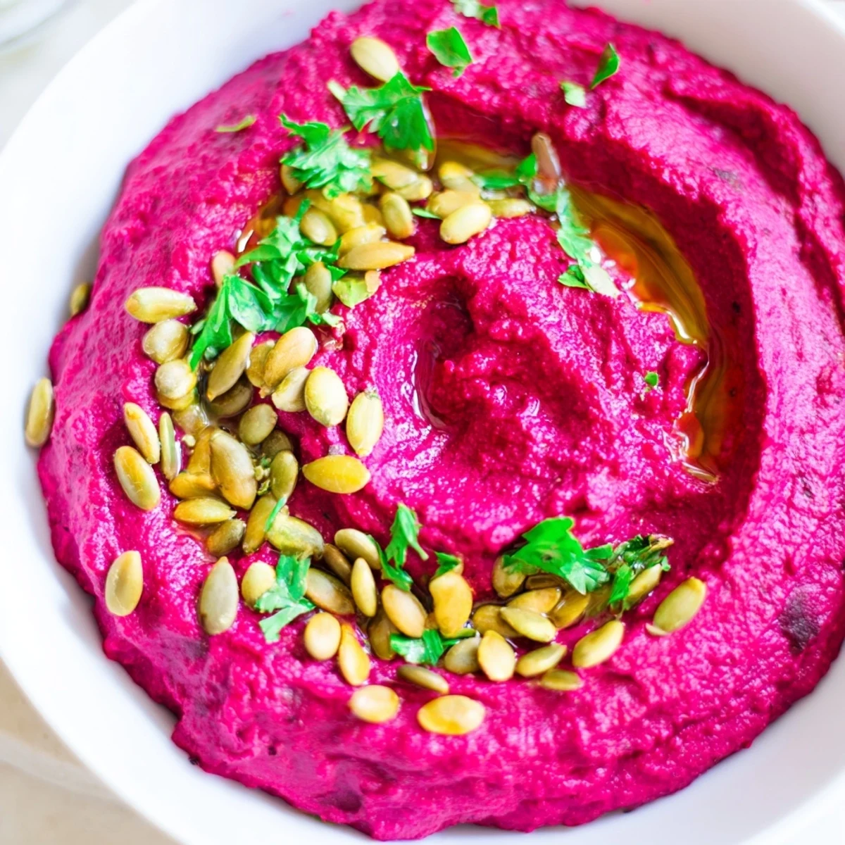 Vibrant beet hummus swirled with olive oil, ready to scoop with warm pita bread.