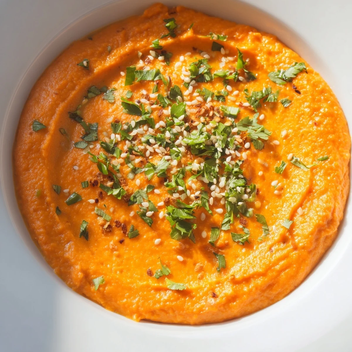 Creamy Carrot Ginger Dip, a vibrant orange, is beautifully textured, and ready to be served.