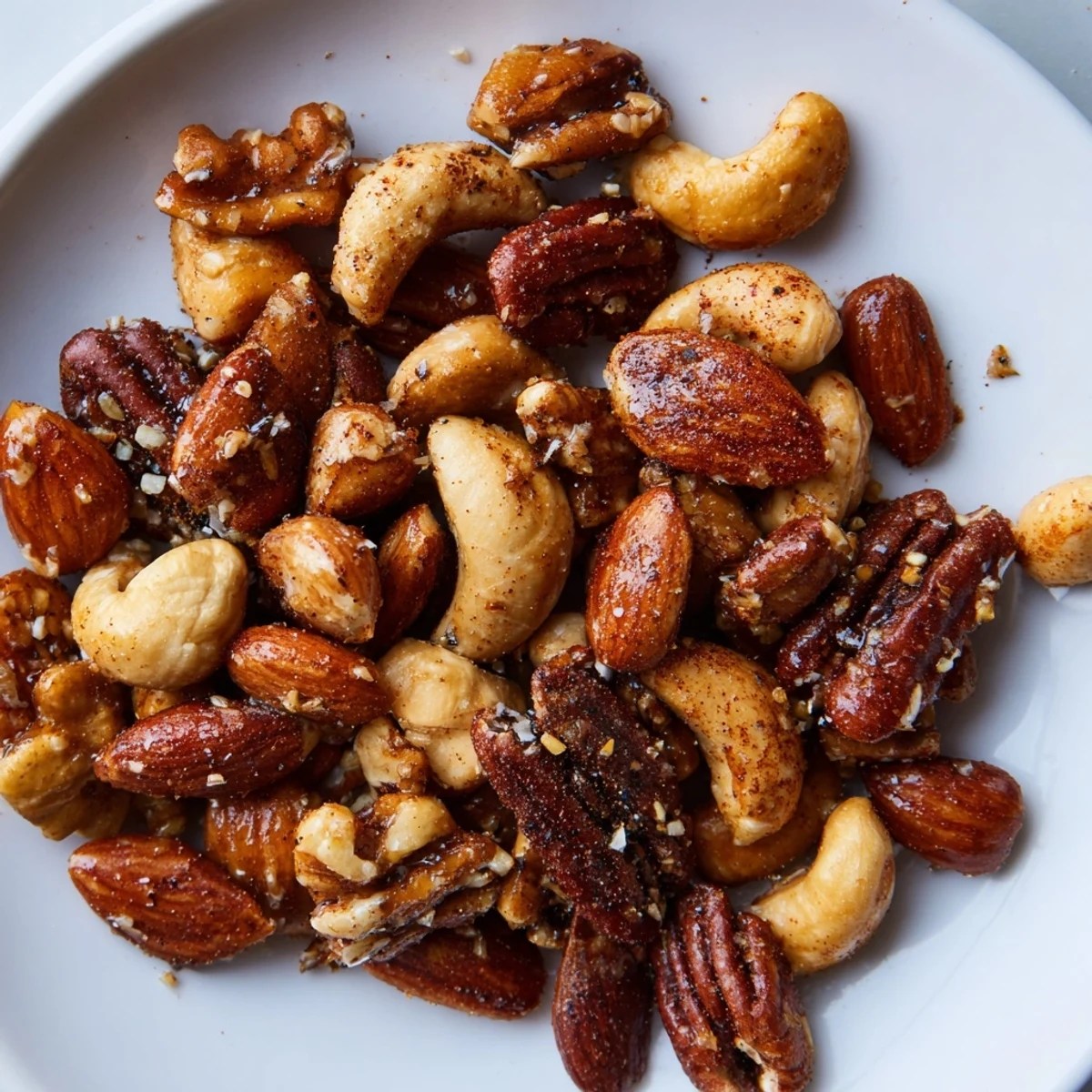 A close-up of a perfectly roasted spiced nuts mix with a sweet and savory aroma, fresh from the oven.