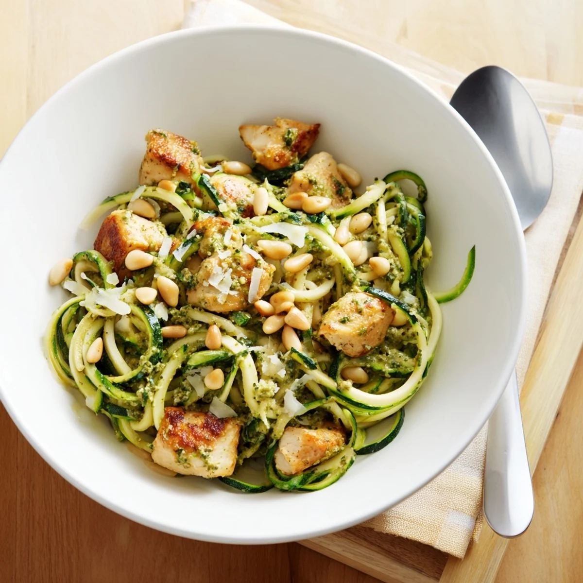 Spiralized zucchini noodles and juicy chicken tossed with lemony pesto, ready to serve for dinner.