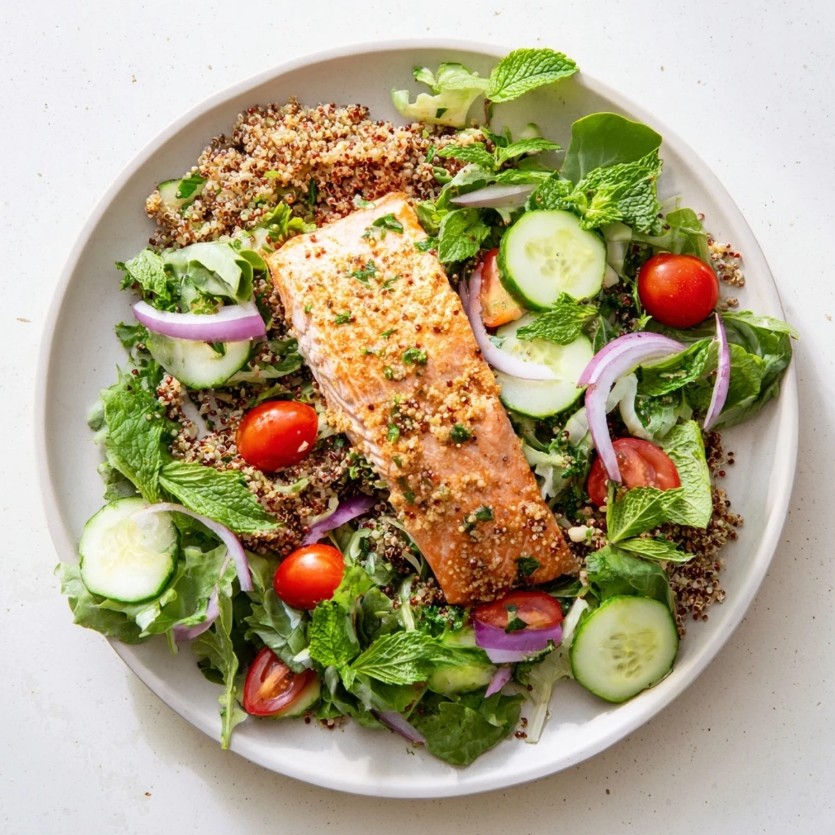 Flaky baked salmon rests atop a vibrant mix of quinoa, arugula, and fresh herbs in this Lemon Herb Salmon Salad.  
