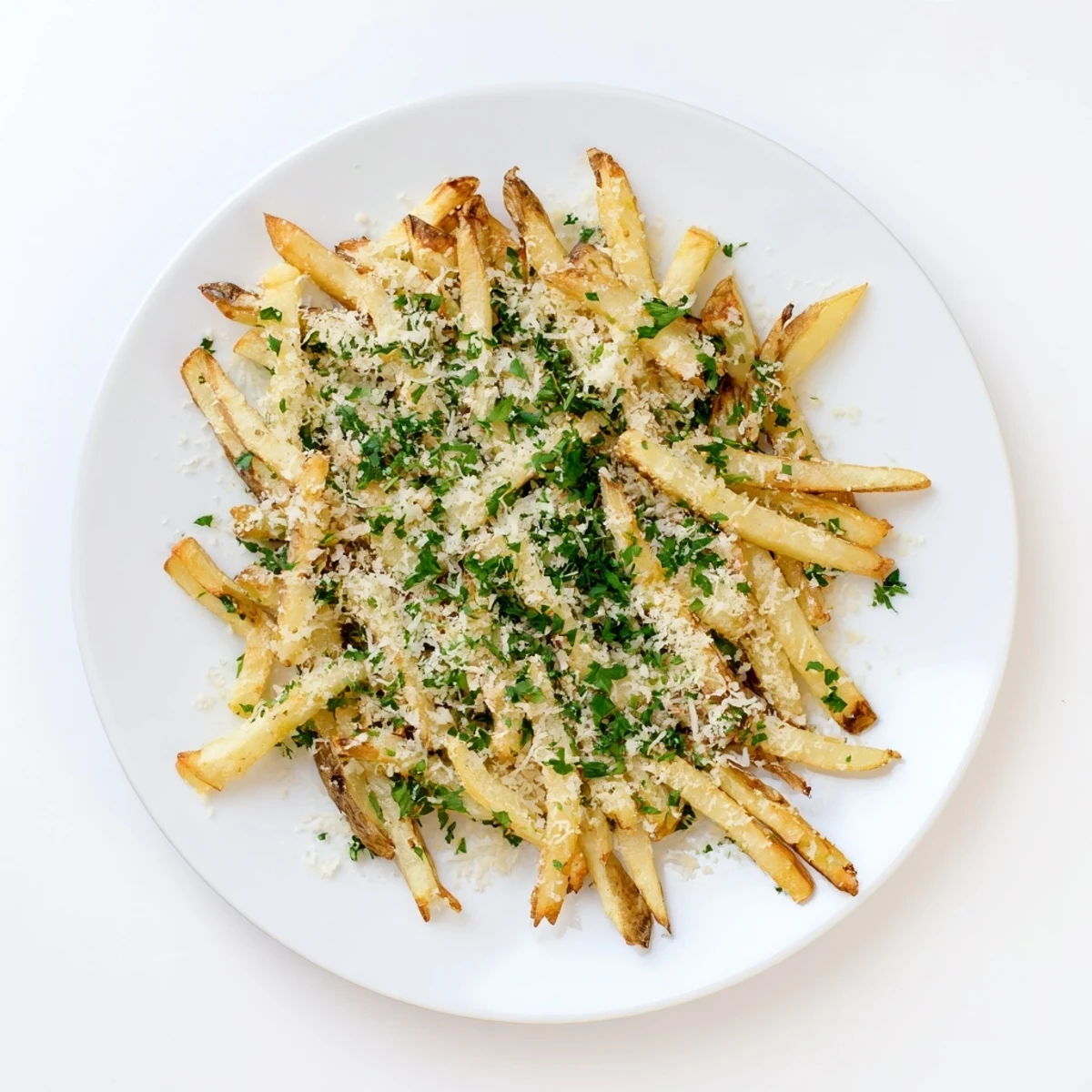 Golden-brown Truffle Parmesan Fries piled high, glistening with truffle oil and fresh parsley on a rustic plate.