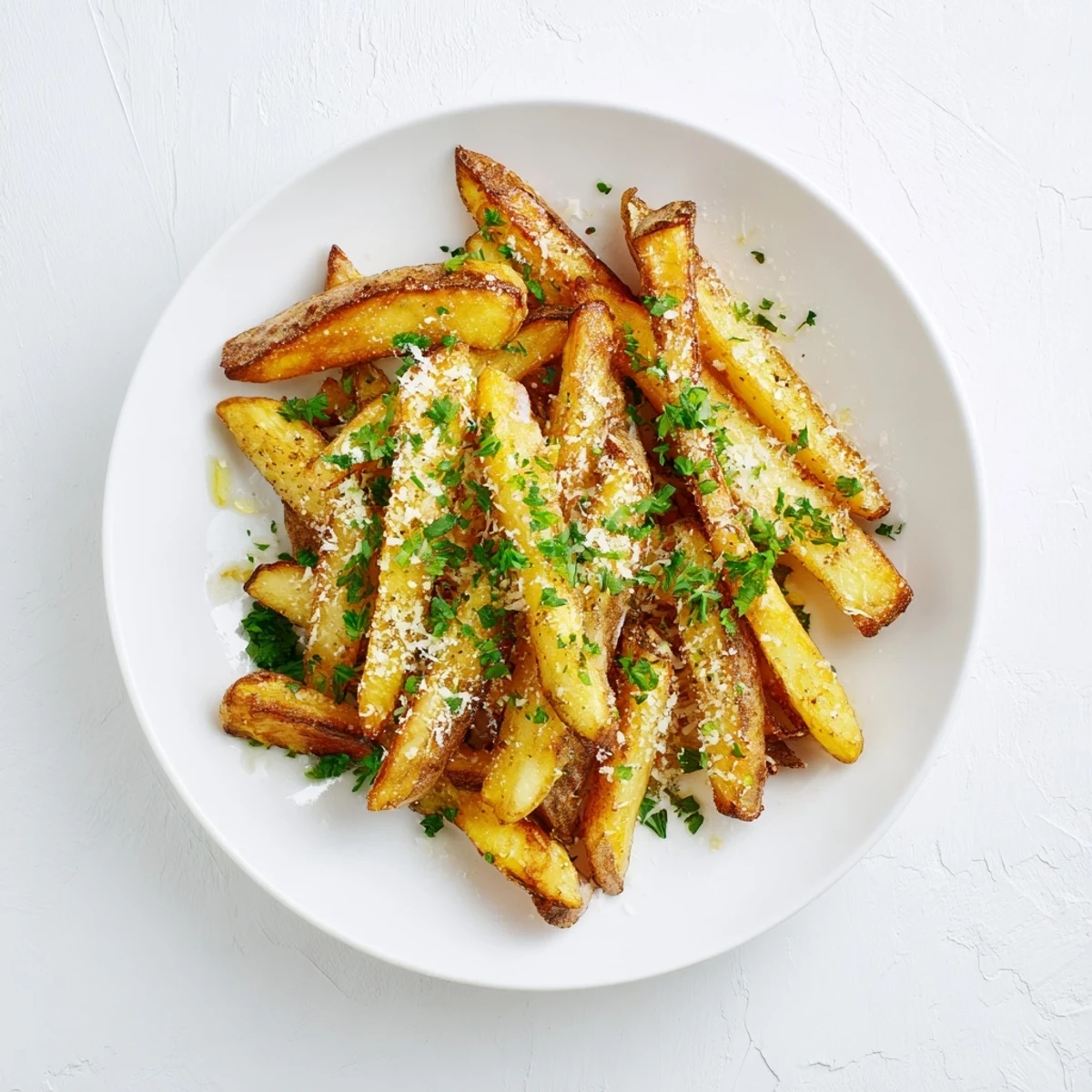 Crispy homemade Truffle Parmesan Fries garnished with fresh parsley, ready to be enjoyed as a savory side dish.