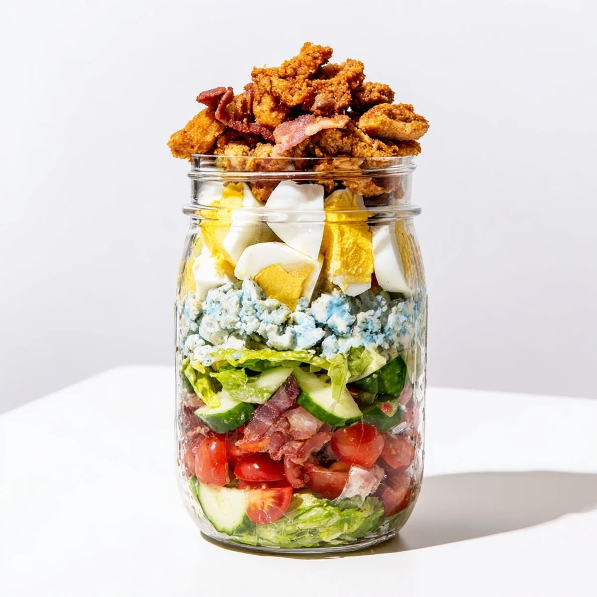 Brightly colored layers of romaine lettuce, cherry tomatoes, and diced cucumber in a Crispy Chicken Cobb Jar Salad, ready for a grab-and-go lunch.  