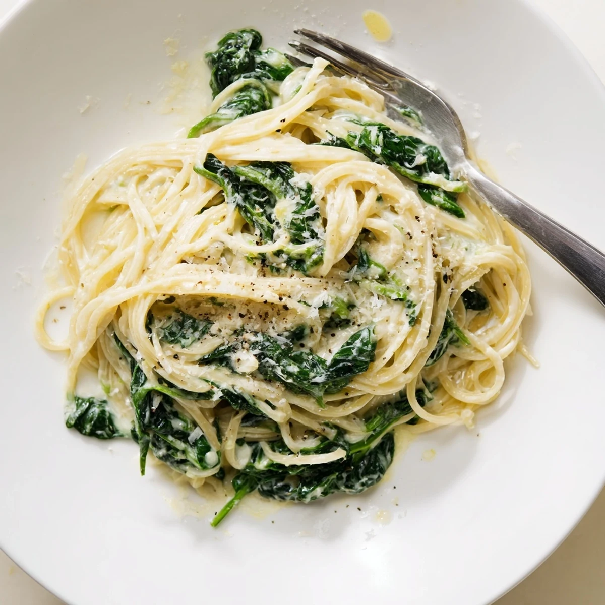 Creamy Lemon Spinach Spaghetti twirled on a fork, coated in a luscious lemon cream sauce with wilted spinach leaves clinging to the strands.