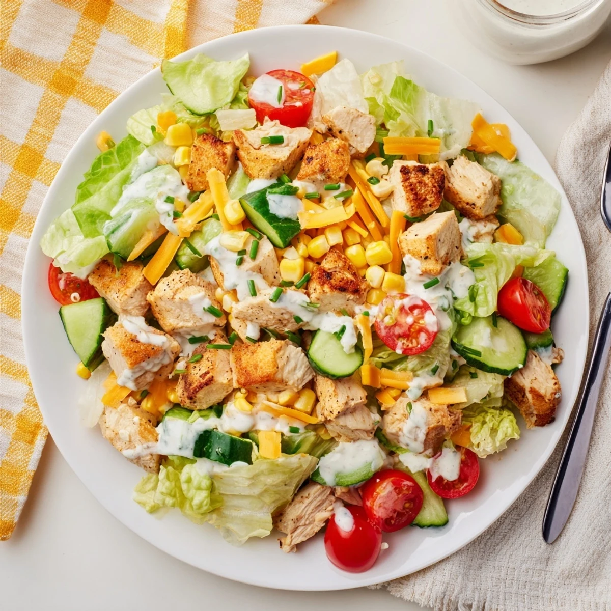Freshly chopped Ranch Chicken Chopped Salad with grilled chicken, corn, cheddar, and creamy Greek yogurt ranch dressing.  