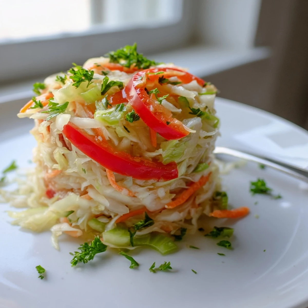 A close-up of Sauerkraut Slaw, featuring crunchy fermented cabbage, fresh herbs, and glistening dressing for a tangy side dish.  