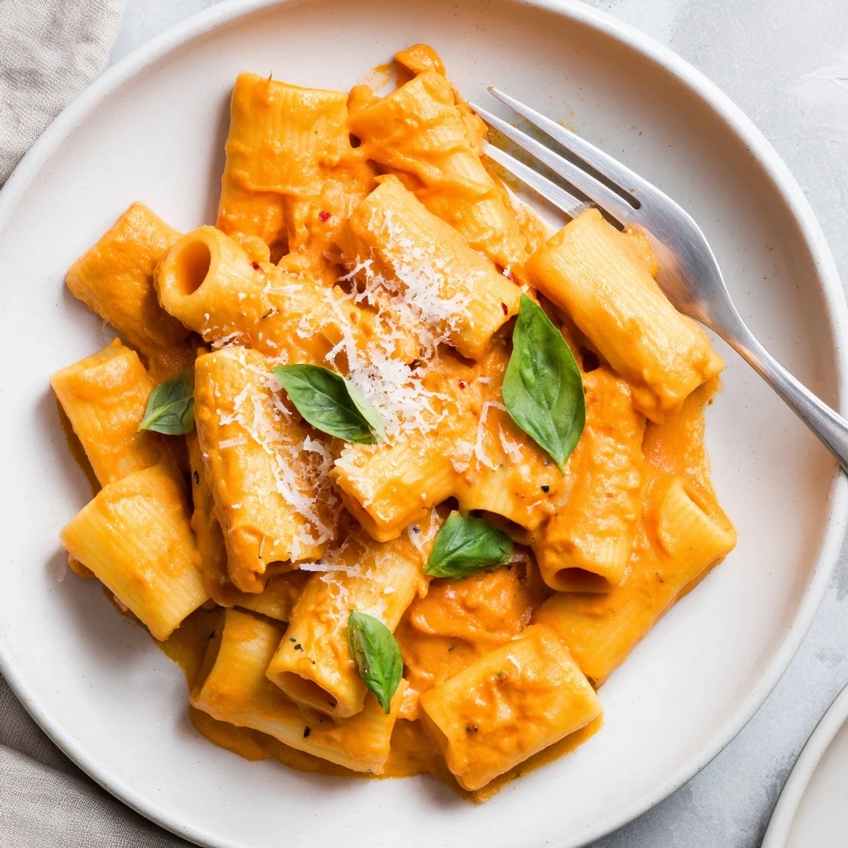 A close-up of roasted red pepper pasta in a skillet, featuring rich sauce, minced garlic, and colorful garnishes ready to serve.