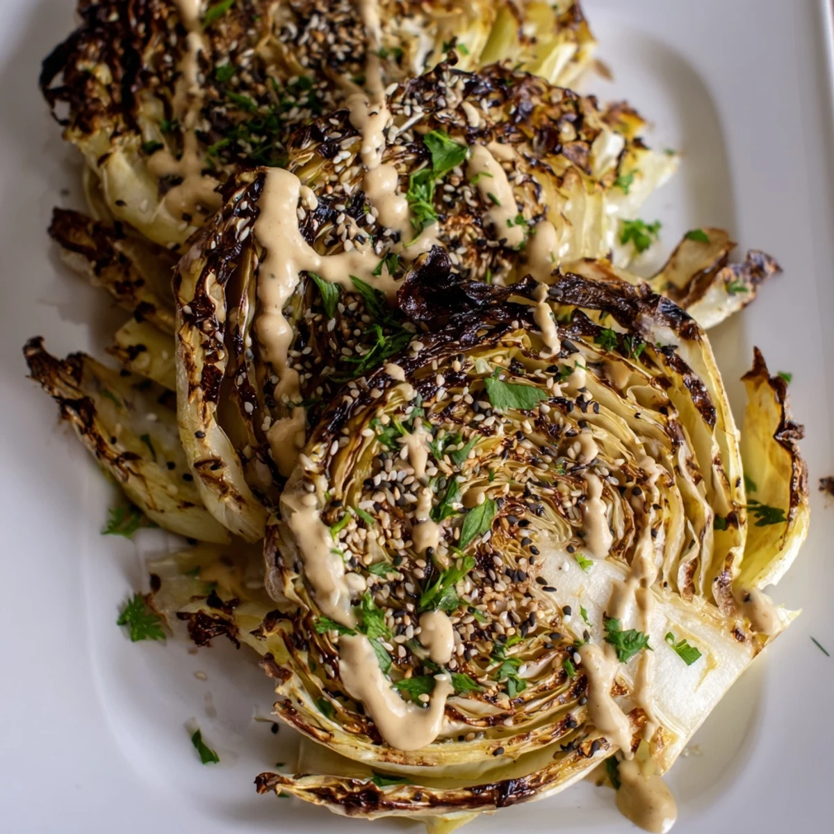 Golden roasted cabbage steaks with a creamy tahini drizzle, garnished with parsley and sesame seeds for a vegan main dish.  