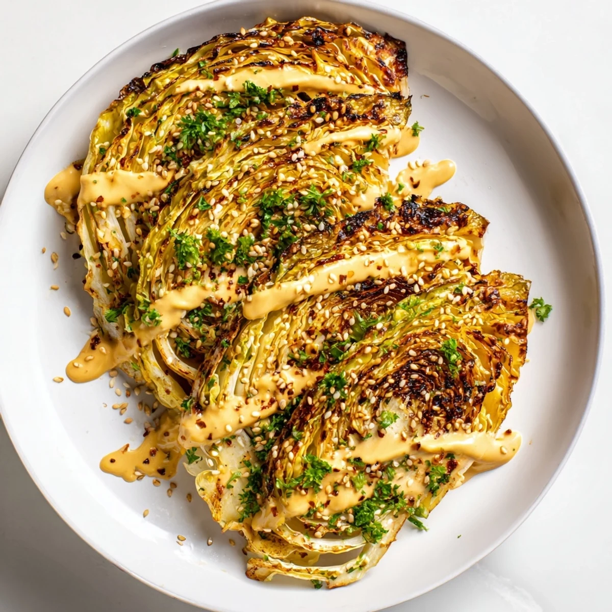 Caramelized cabbage steaks drizzled with lemony tahini, served warm as a hearty plant-based side or main.