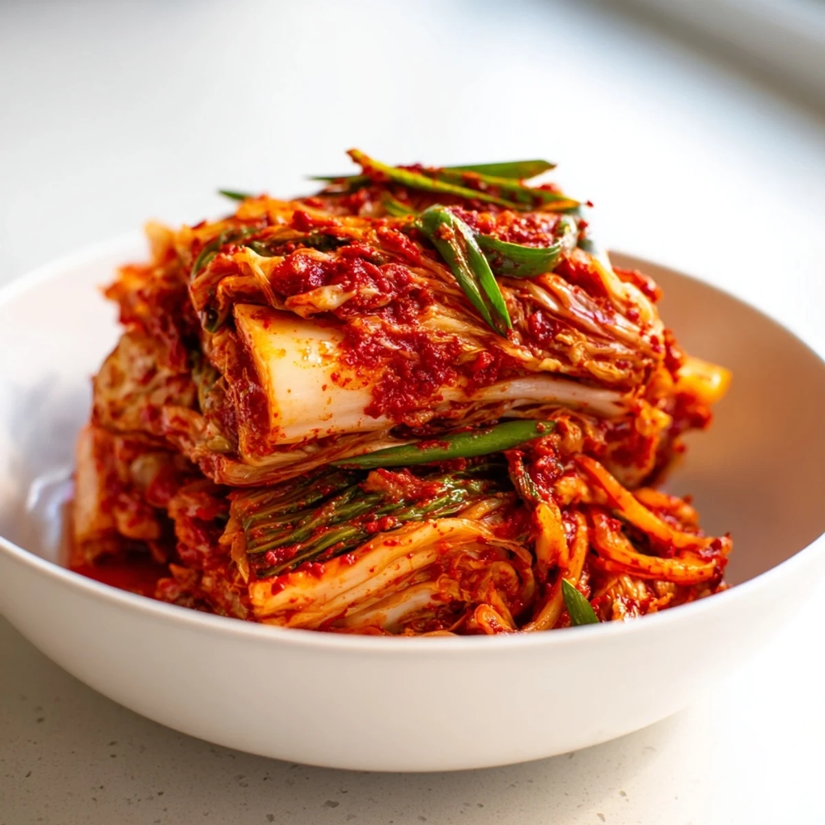 A vibrant bowl of homemade kimchi, featuring crunchy napa cabbage and radish coated in a spicy red gochugaru paste, ready to ferment.  