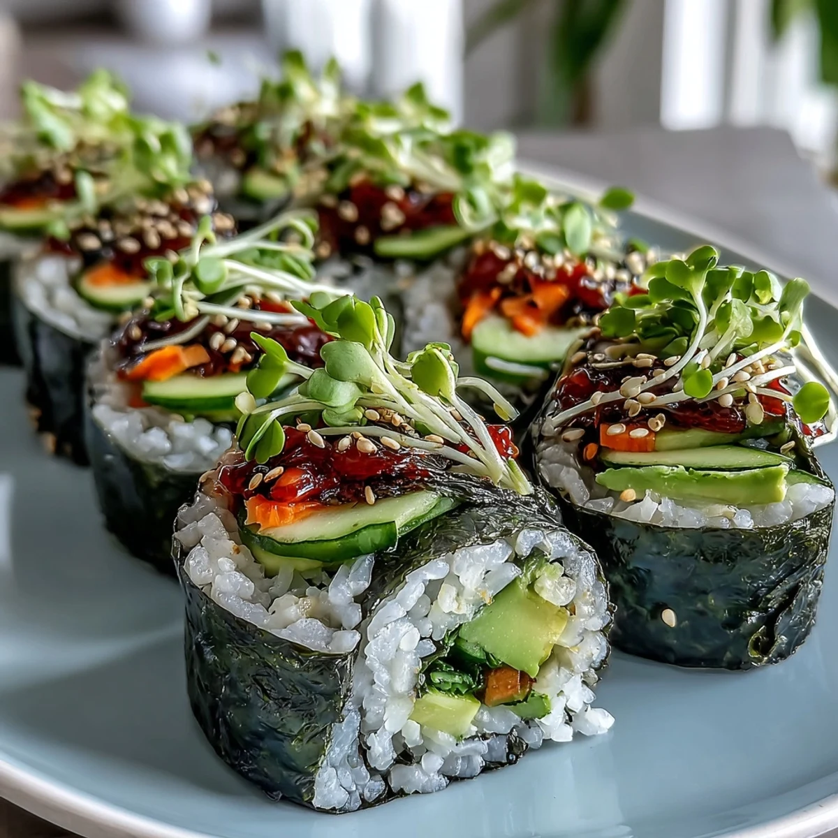 Vibrant nori rolls with crisp vegetables and creamy avocado, perfect for dipping.