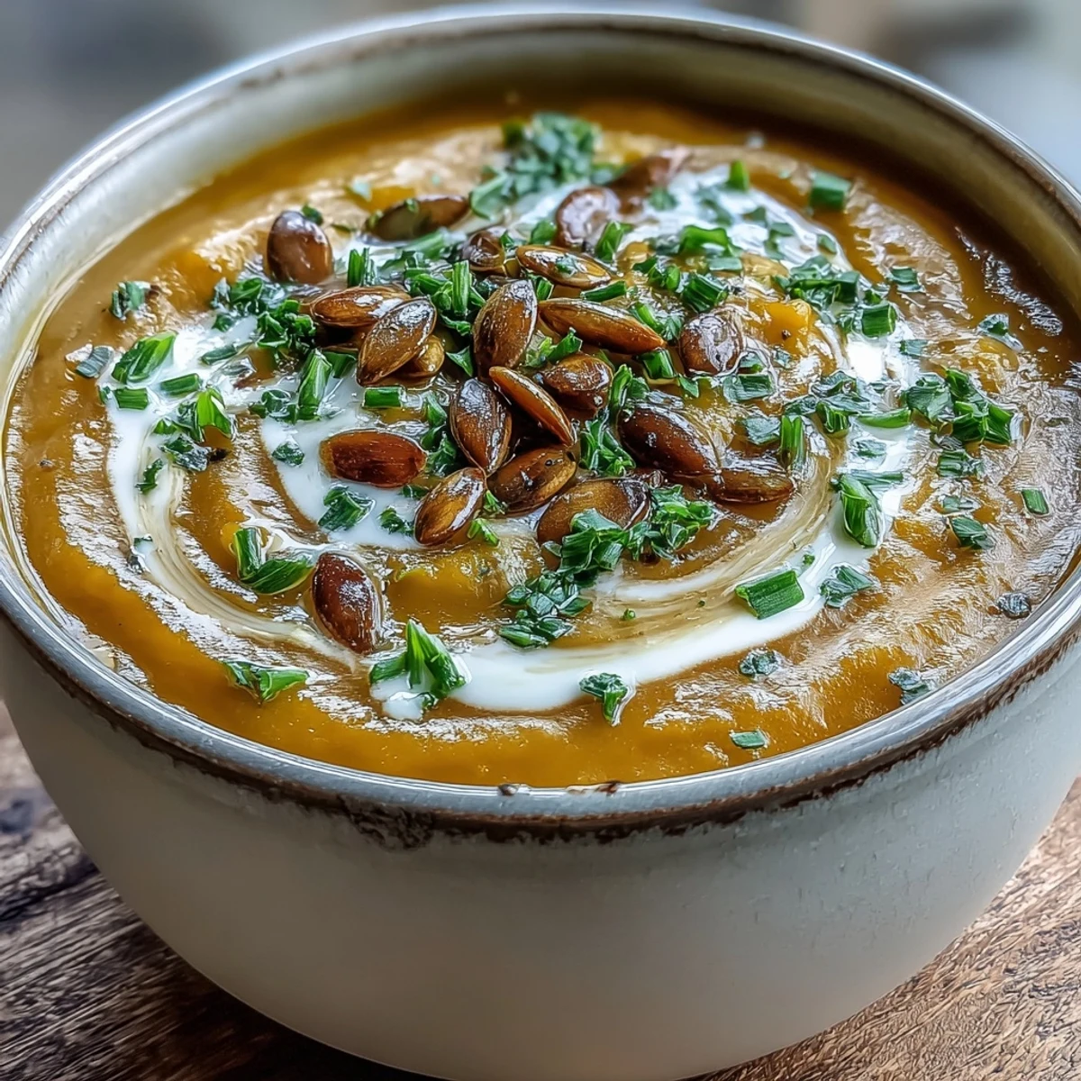 Velvety homemade Acorn Squash Soup in a rustic bowl, garnished with toasted pumpkin seeds and fresh chives for crunch.
