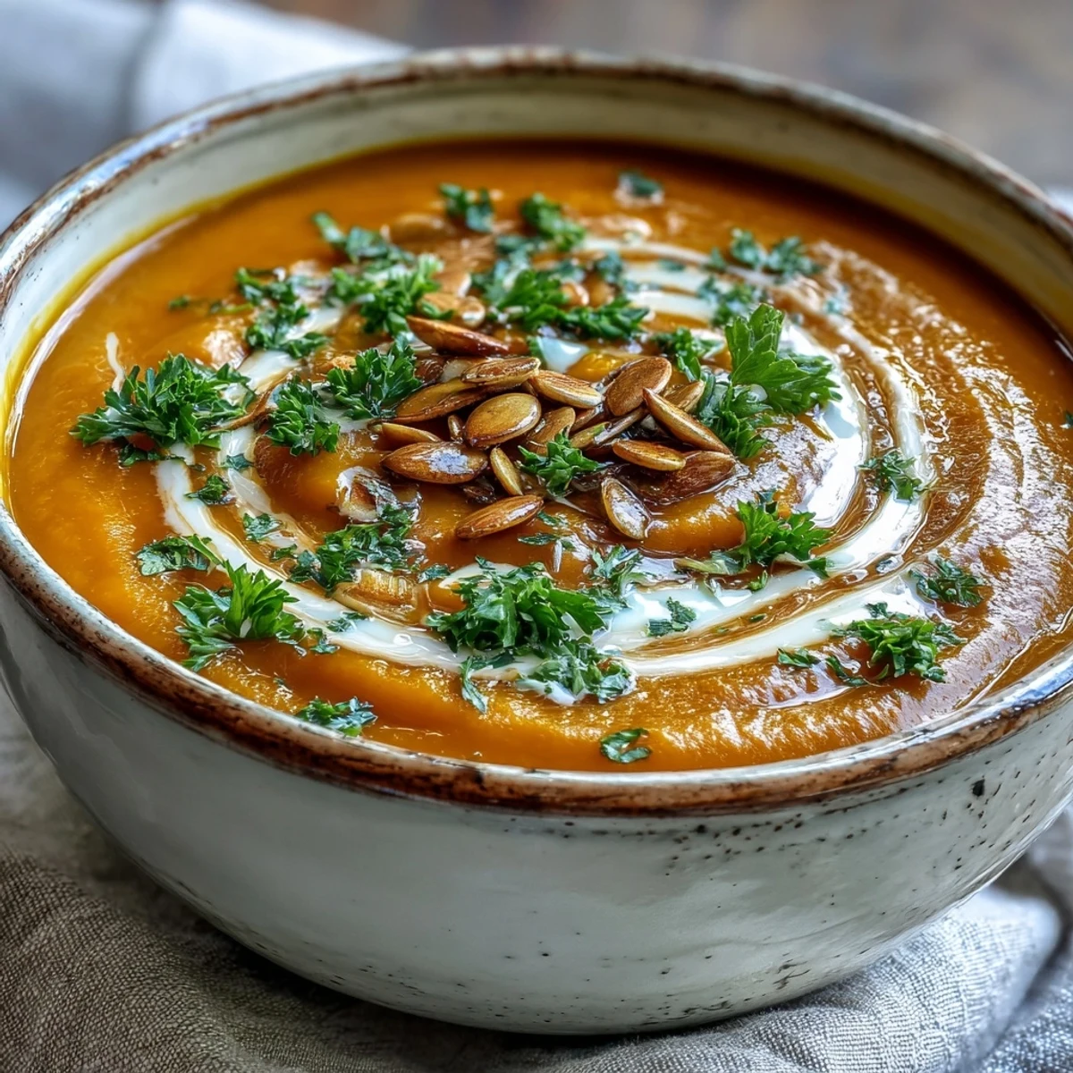 Creamy Pumpkin Soup in a rustic bowl, garnished with toasted seeds and a swirl of cream.