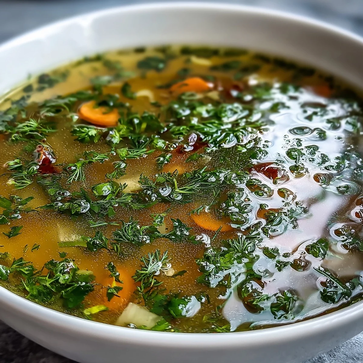 A spoon dipping into a bowl of Lemon Herb Soup, revealing vibrant carrots, celery, and rice in clear broth.