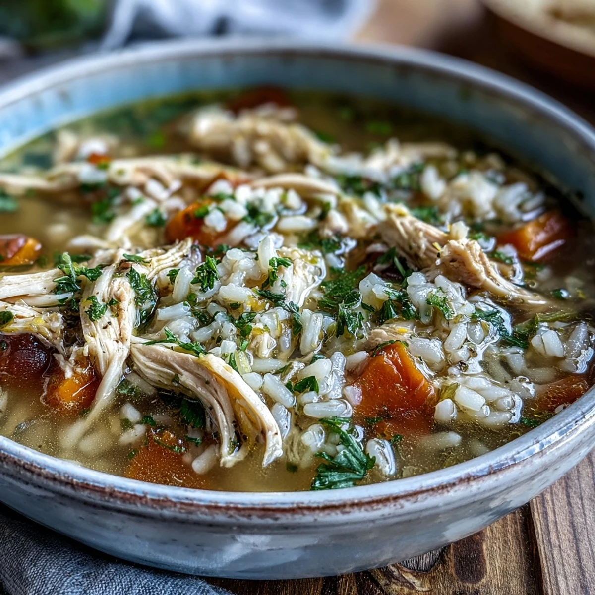 Rustic Dutch oven filled with homemade Cozy Winter Chicken and Rice Soup, carrots, celery, and herbs visible.