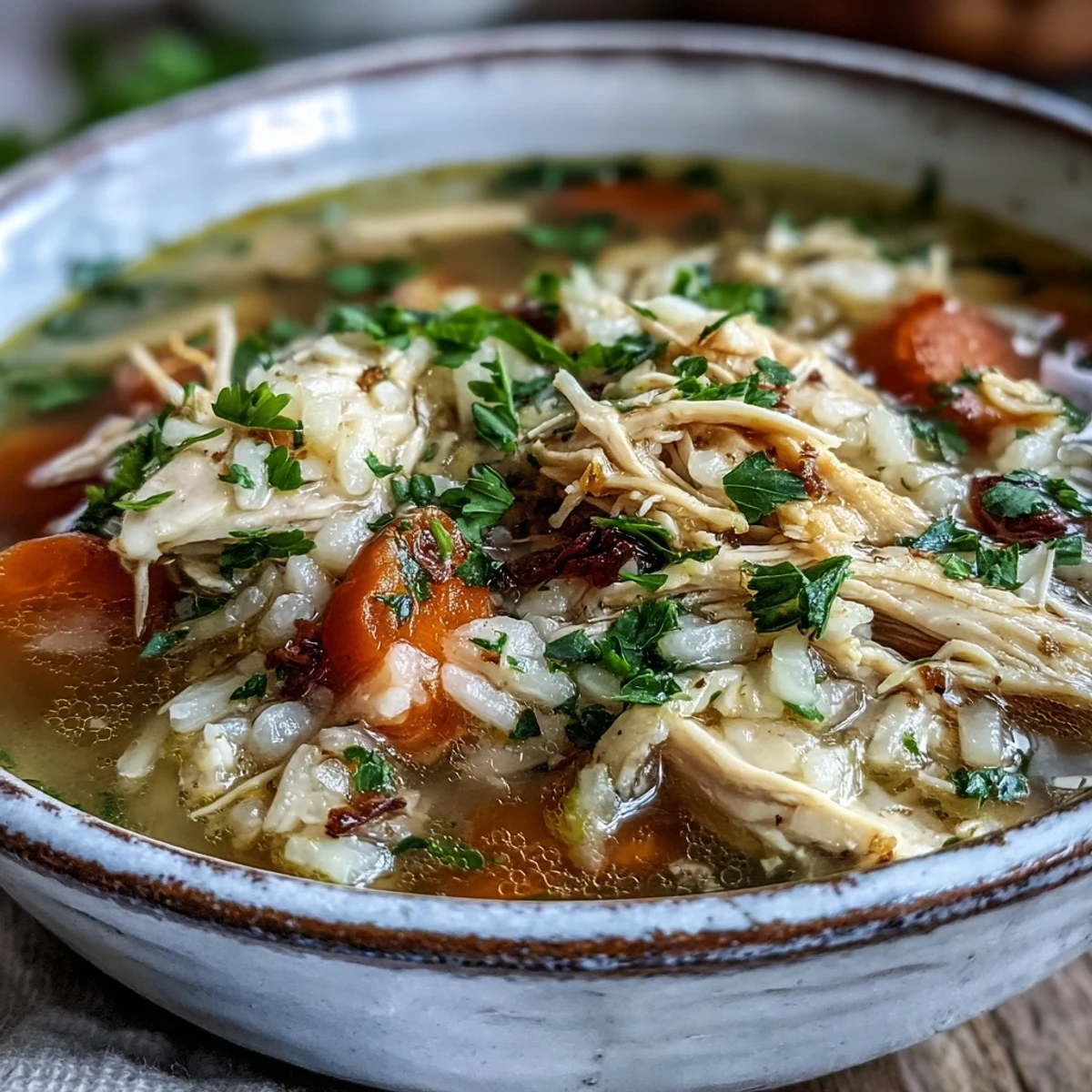 Spoon lifting savory Cozy Winter Chicken and Rice Soup from a ceramic bowl, highlighting tender vegetables and broth.