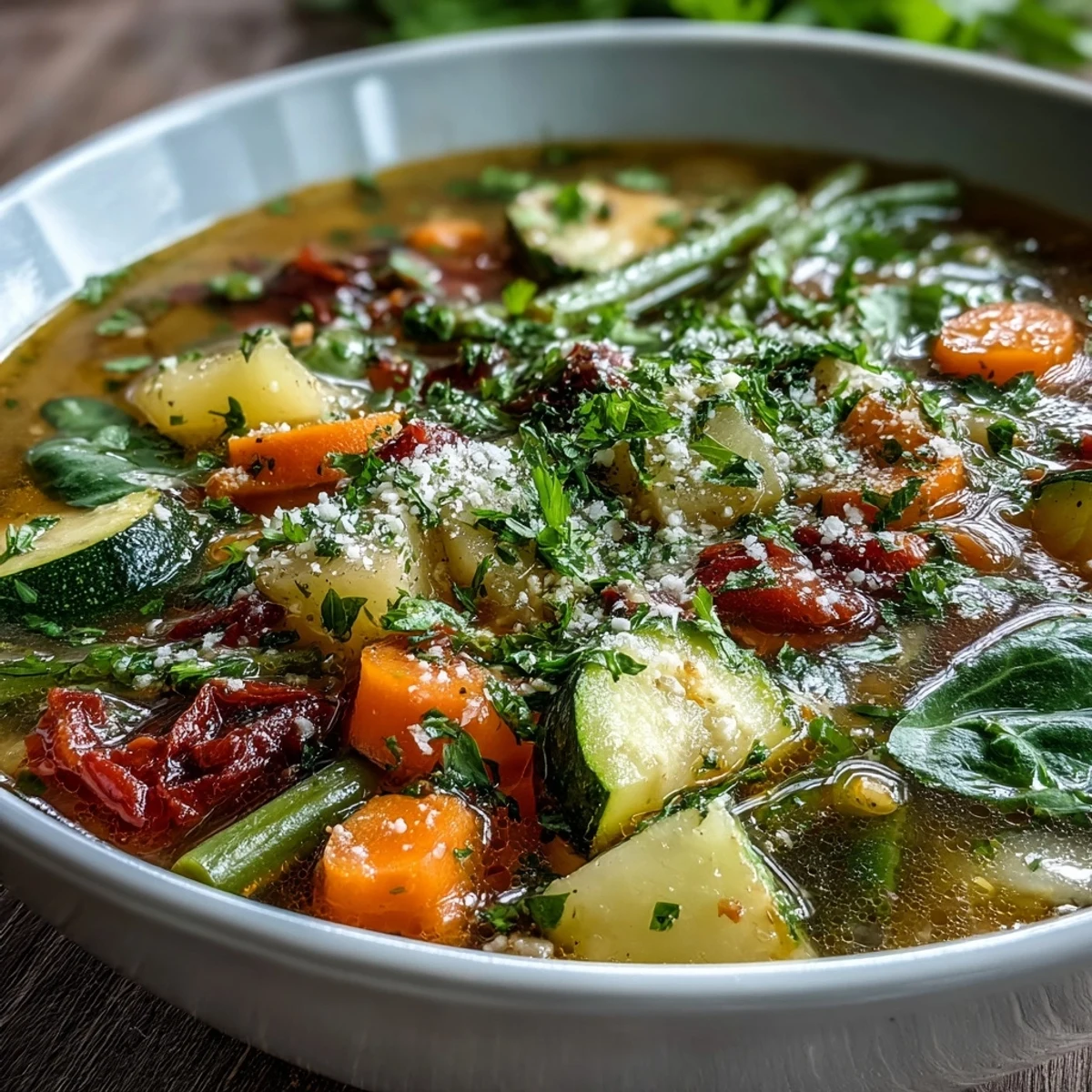 A steaming bowl of Italian Herb Vegetable Soup brimming with colorful vegetables and fresh parsley garnish, ready to serve.