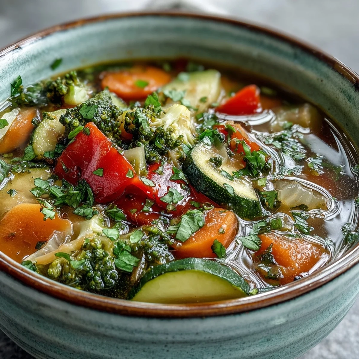Close-up view of tender broccoli florets, carrots, and zucchini in a savory Ginger Vegetable Soup.